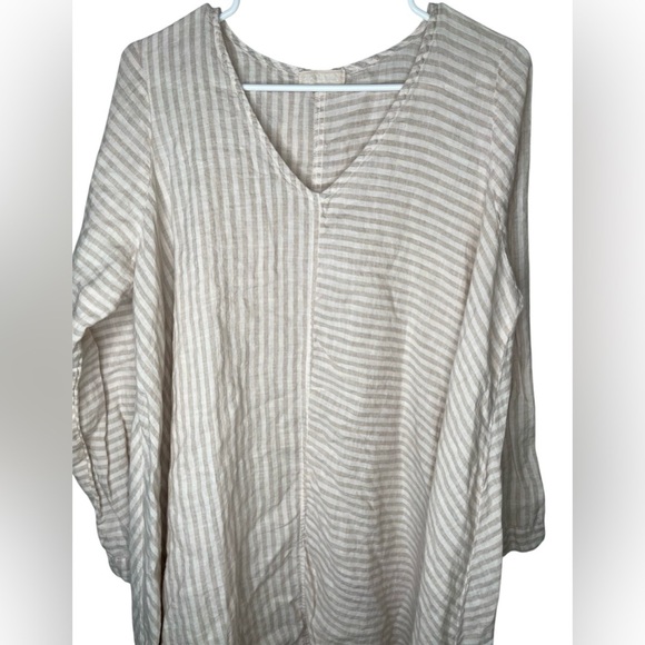 CP Shades Striped 100% Linen Asymmetrical Hem Dress Size Medium White Tan - Picture 2 of 10
